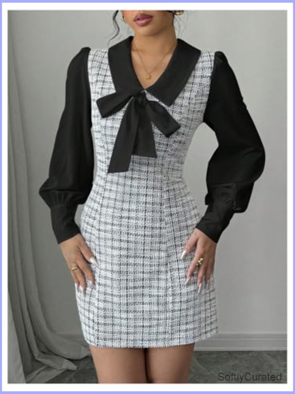 Elegant Plaid Tweed Dress Bow Front Lantern Long Sleeve 2 in 1 Mini - Picture 5 of 6